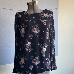 LOFT Pink and Black Fitted Long Sleeve Blouse